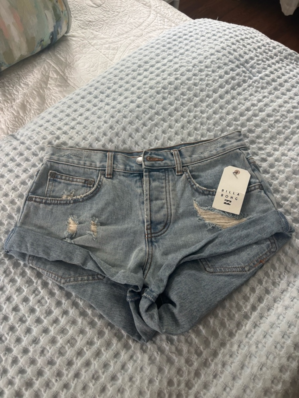 Billabong Light Blue Distressed Rolled-Hem Denim Shorts